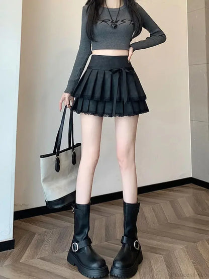 Vintage Bow Pleated PU Skirt