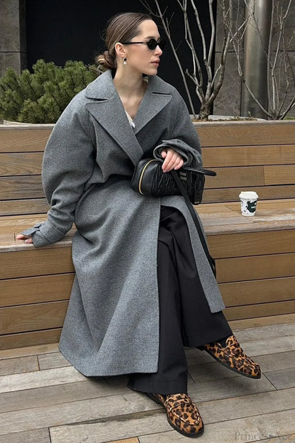 Vintage Elegant Wool Tie Waist Relaxed Overcoat