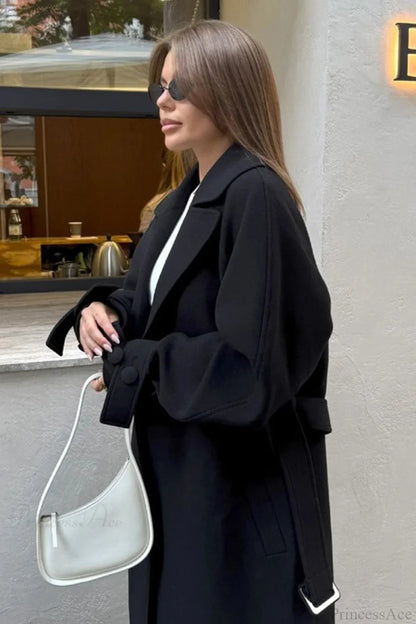 Vintage Elegant Wool Tie Waist Relaxed Overcoat
