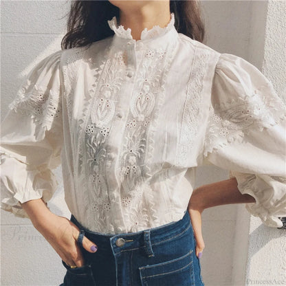 Vintage Floral Embroidery Cotton Linen Lantern Sleeve Boho Blouse