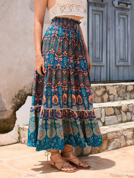 Vintage Floral Peacock Skirt High Elastic Beach Bohemian A-line