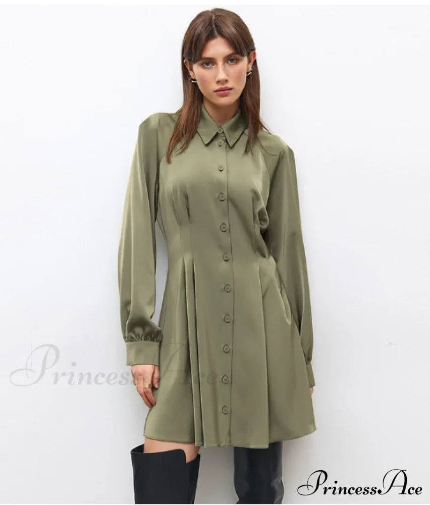 Vintage Green Office Long Sleeve Lapel Short Dress for Autumn