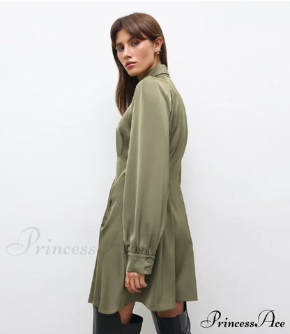Vintage Green Office Long Sleeve Lapel Short Dress for Autumn
