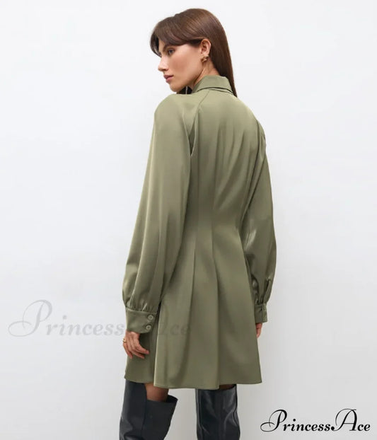 Vintage Green Office Long Sleeve Lapel Short Dress for Autumn