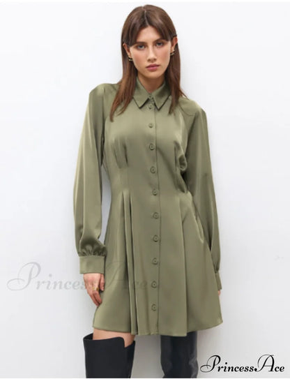 Vintage Green Office Long Sleeve Lapel Short Dress for Autumn