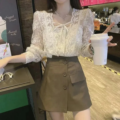 Vintage Lace Puff Long Sleeve Crochet Blouse
