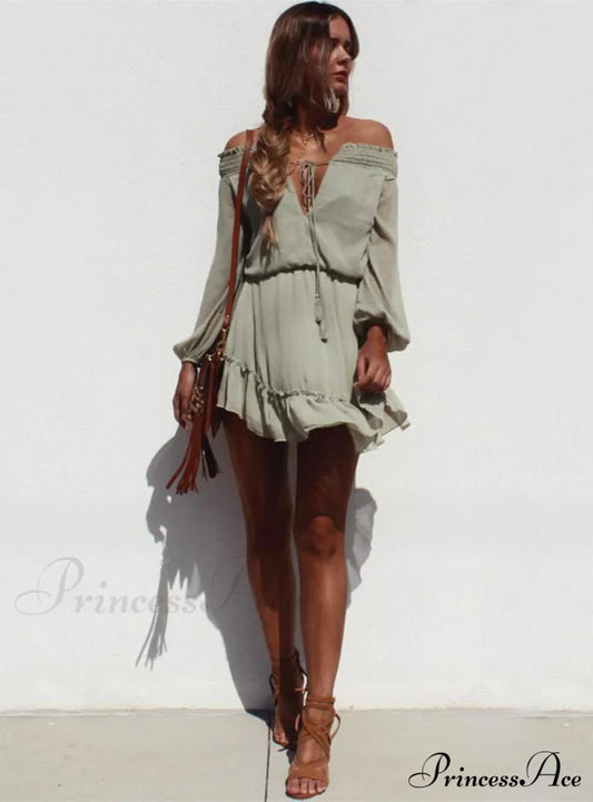 Vintage Off Shoulder Chiffon Dress with Long Lantern Sleeves