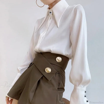 Vintage Satin Silk Turn Down Collar Blouse