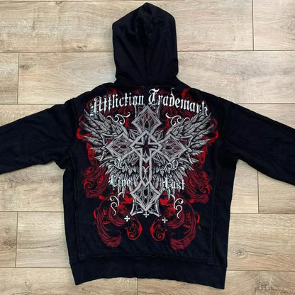 Vintage Skull Rose Print Hoodie