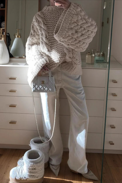 Vintage Stylish Crewneck Bell Sleeve Loose Sweater