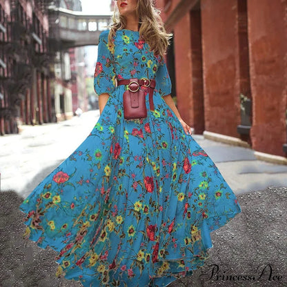 Vintage Warm-Season Printing Gown Flowered Long Fashion Elegant Three Party Quarter O-Neck Arm Streetwear