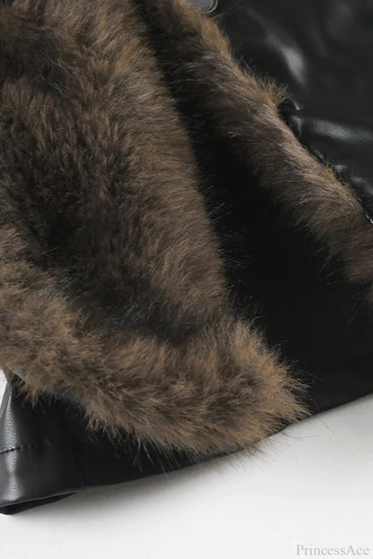 Vintage Y2K Furry Collar Leather Waist - Cinching Jacket