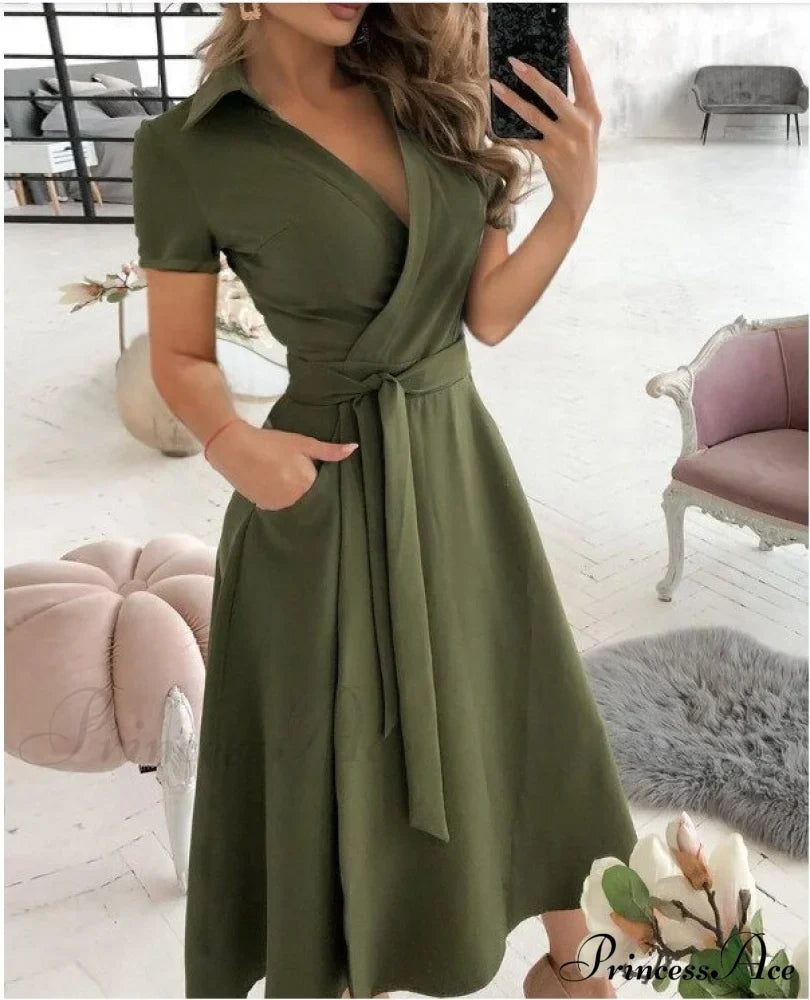Warm-Season Retro Short-sleeved V-neck Gown Party Spring Patterned Fashion Belt
