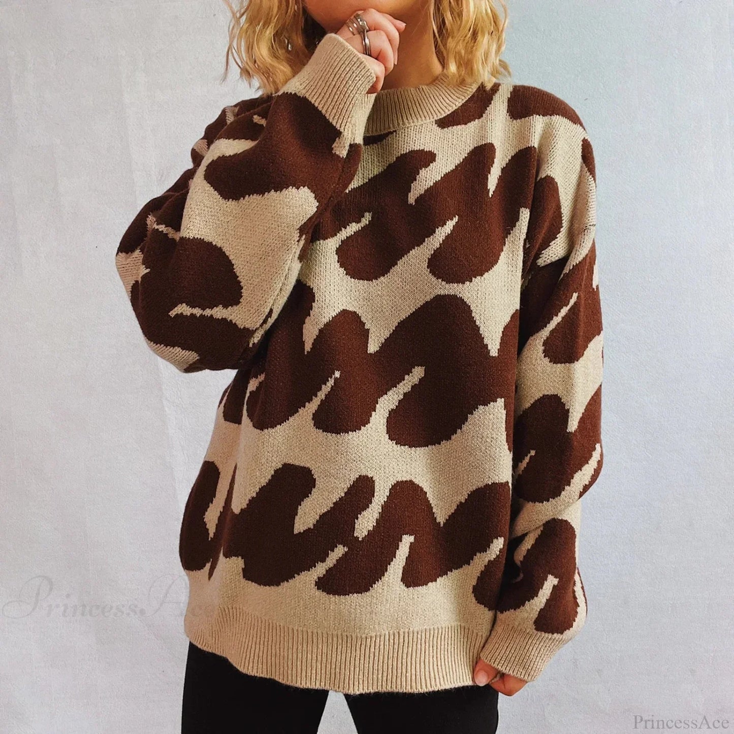 Wave Stripe Print Crew Neck Warm Sweater