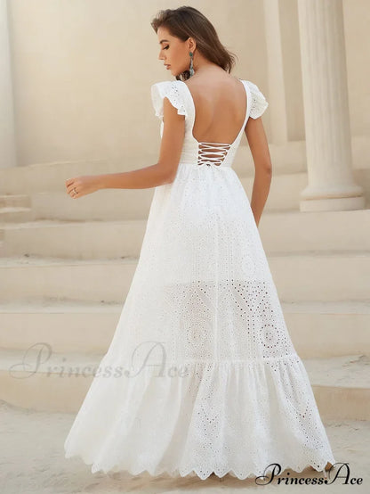 White Lace Dress with Backless Flounce Hem