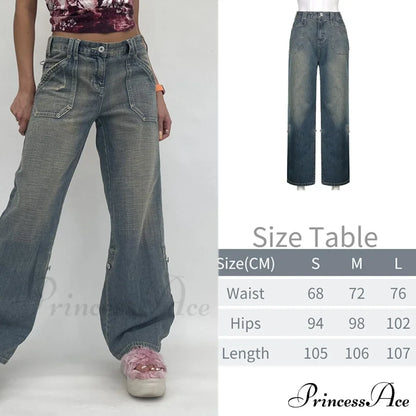 Wide Leg Oversize Y2K Patterned Baggy Winter Cargo Casual Jeans Low Autumn Waist Women's Trousers