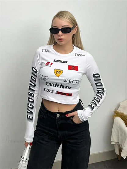 Winter Motor Style Letter Print Cyber Slim Knit Top