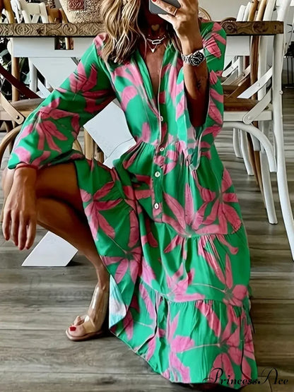 with Arm Long Gown Leaves Full-Length Tiered Print