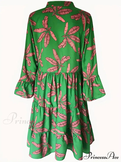 with Arm Long Gown Leaves Full-Length Tiered Print