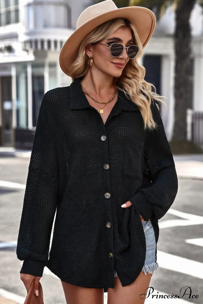 with Blouse Waffle-Knit Dropped Neck Collared Shoulder