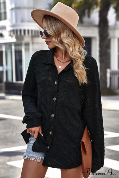 with Blouse Waffle-Knit Dropped Neck Collared Shoulder