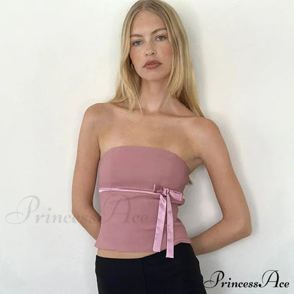 Women Harajuku Pullover Strapless Bowtie Patchwork Skinny Crops Camisole Shirt Outfits Tank top