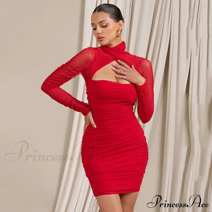 Women Bodycon With Mesh Gown Mini Arm Ruched Sexy Zipper Party Halter Robe Gown Backless Long Autumn Vestidos