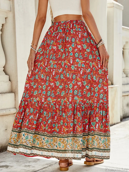 Women Boho Maxi Skirts Button Down Floral A-line Hippie Chic