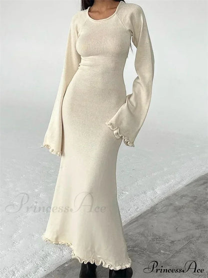Women Knitted Flare Sleeve Backless Tie-up Round Neck Solid Color Ruffles Hem Beachwear Vestido