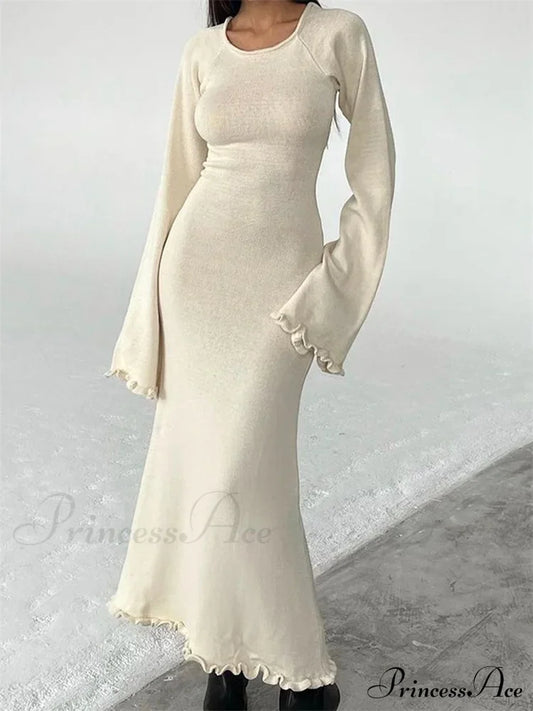 Women Knitted Flare Sleeve Backless Tie-up Round Neck Solid Color Ruffles Hem Beachwear Vestido