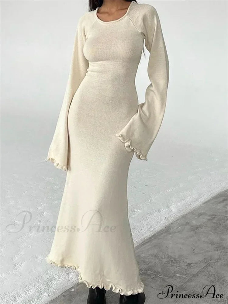 Women Knitted Flare Sleeve Backless Tie-up Round Neck Solid Color Ruffles Hem Beachwear Vestido