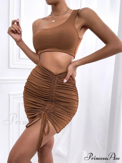 Women One Shoulder Mini Backless Hollow Out Pleated Cut Out Dress