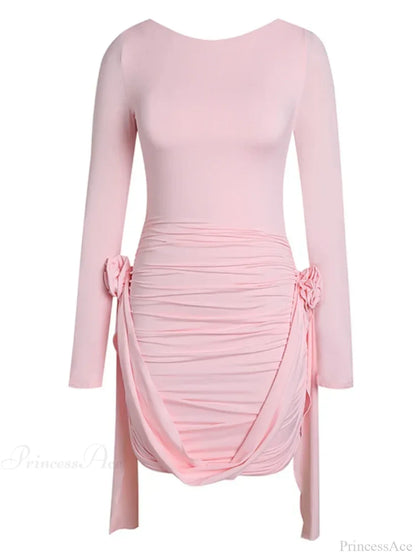 Women Pink 3D Floral Draped Mini Bodycon Dress Long Sleeves Party Dress