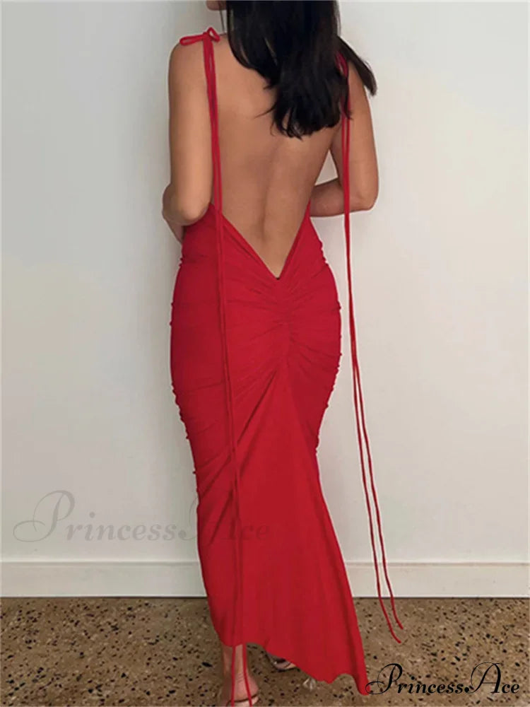 Women Sexy Backless Ruched Adjustable Lace-up Strap Slim Elegant Solid Party Female Vestido Clubwear