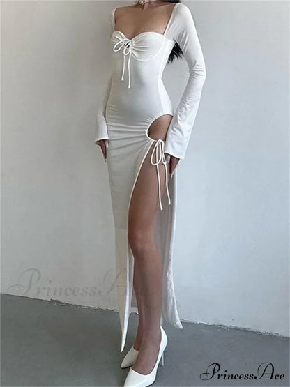 Women Sleeve Low-cut Tie-up Solid Color Slim Fit Cocktail Party High Split Female Vestidos