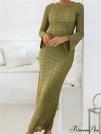 Women Sleeve Round Neck Backless Tie-up Hollow Out Cocktail Spring Autumn Female Vestidos