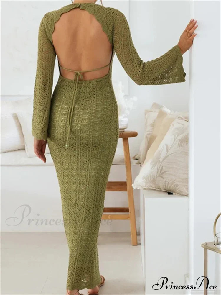 Women Sleeve Round Neck Backless Tie-up Hollow Out Cocktail Spring Autumn Female Vestidos