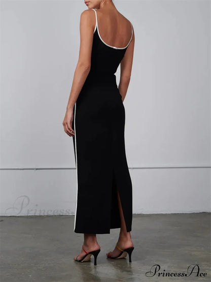 Women Sleeveless Strap Black Patchwork V-neck Low Cut Slim Summer Party Back Split Female Vestidos