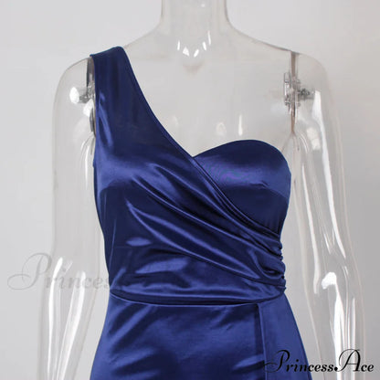 Women's Blue Evening Green Gown Full-Length Party Royal with Sexy Gown Satin Long Ribbon Draped Dress