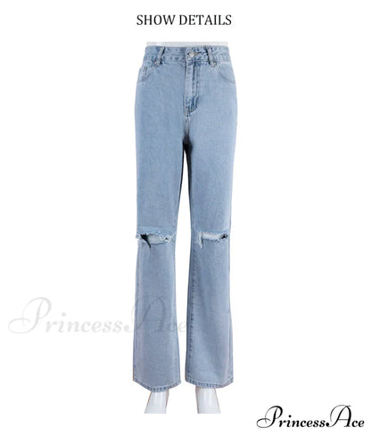 Womens Jeans Blue Cotton Trousers Baggy Wide High Leg Ripped Denim Wash Warm-Season Casual Waist Pants