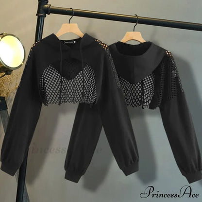Women's Mesh with Out Hoodie Black Crop Top Hollow Patchwork