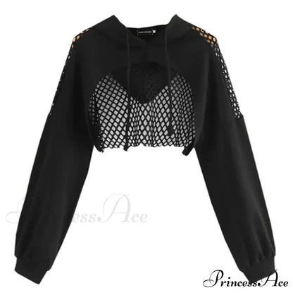Women's Mesh with Out Hoodie Black Crop Top Hollow Patchwork
