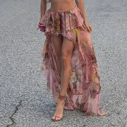 Y2K Floral Printed Low Waist Lace Holiday Skirt