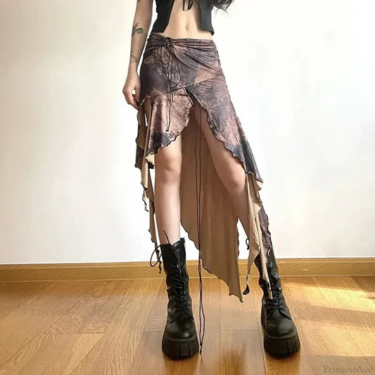 Y2K Irregular Midi Skirt Vintage Boho Ruffles Print Skirt