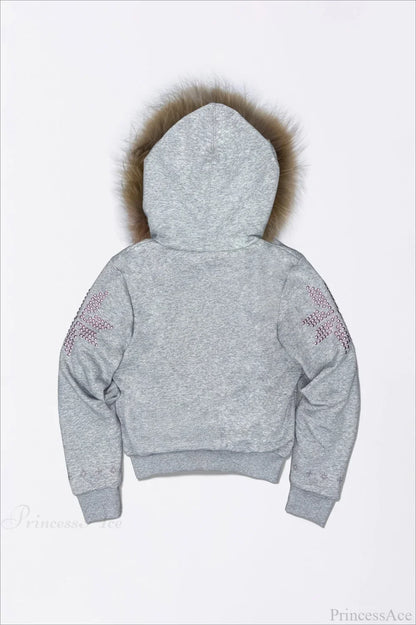 Y2K Sherpa Collar Rhinestone Zip-Front Waist-Cinched Hoodie