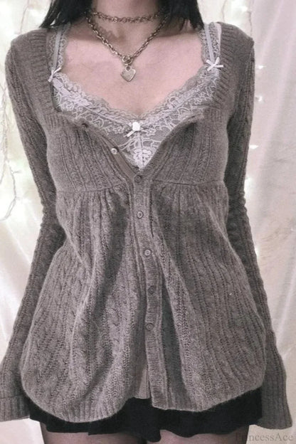 Y2K Sweet Square Neck Cable Knit Button Blouse