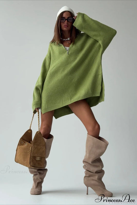 Zip Stand-Collar Thickened Solid Color Loose Sweater